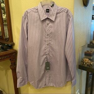 NWT~HUGO BOSS Men Purple Striped Buttoned Long Sleeve Shirt Size XL